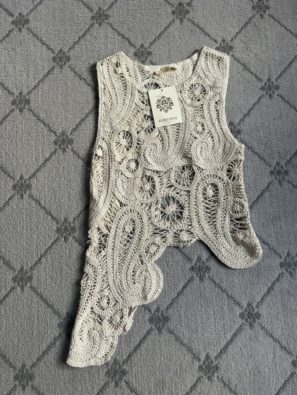 Rebelion Crochet Lace Asymmetric Sweater in Light Beige